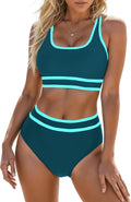 High Waist Color Block Bikini Set - Sporty Scoop Neck