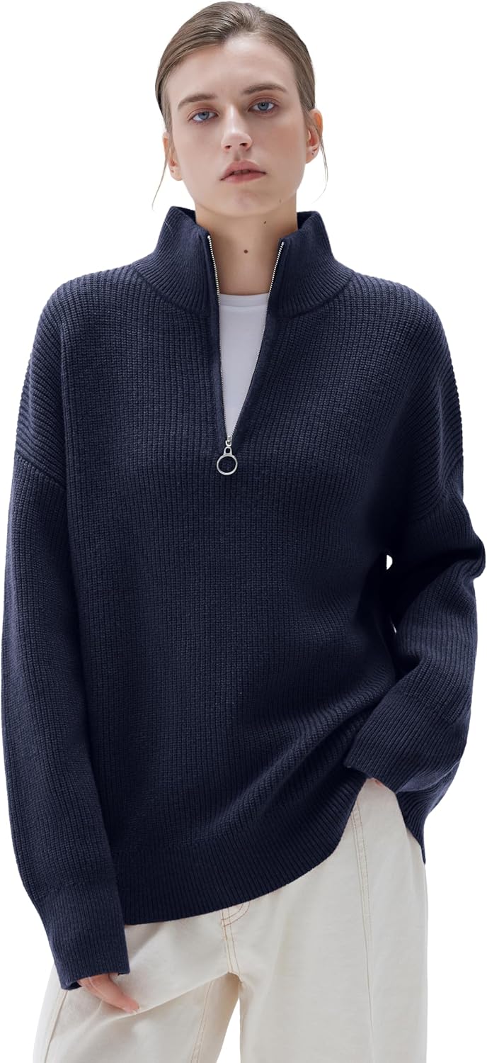 SUUKSESS Women Cashmere Oversized Quarter Zip Pullover Sweater