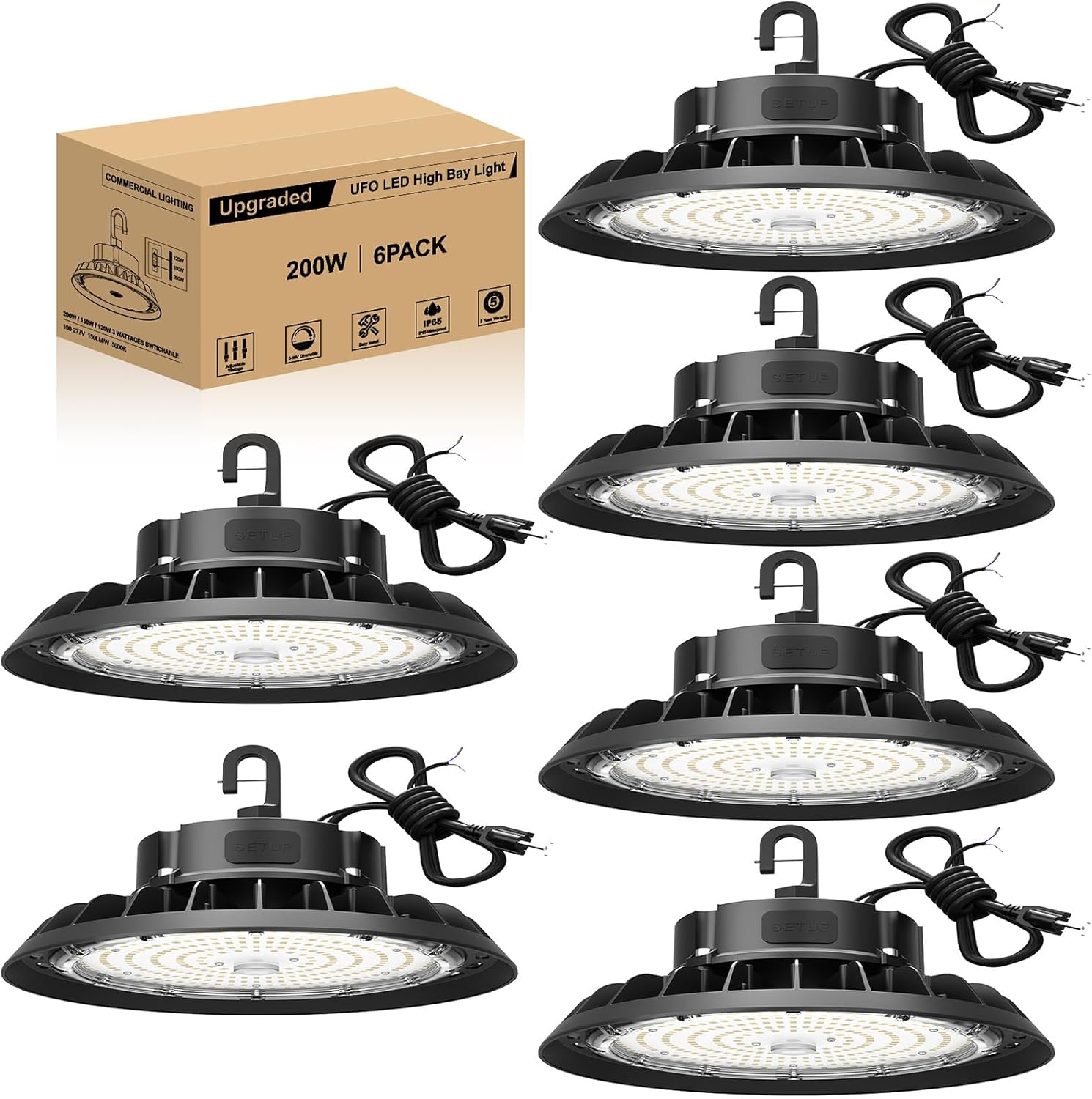 UFO LED High Bay Light 200W 6 Pack for Bright Warehouse Lighting
