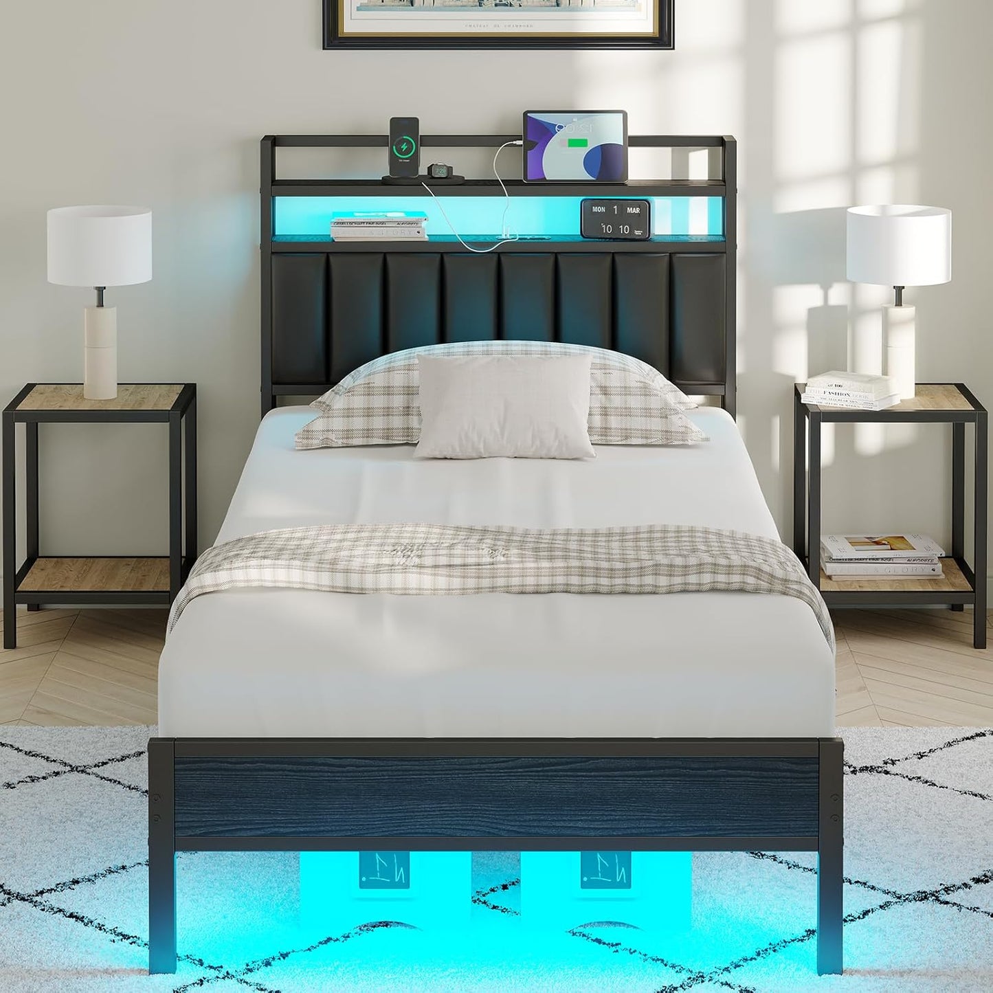 Twin Size Bed Frame with Charging Station and LED Lights