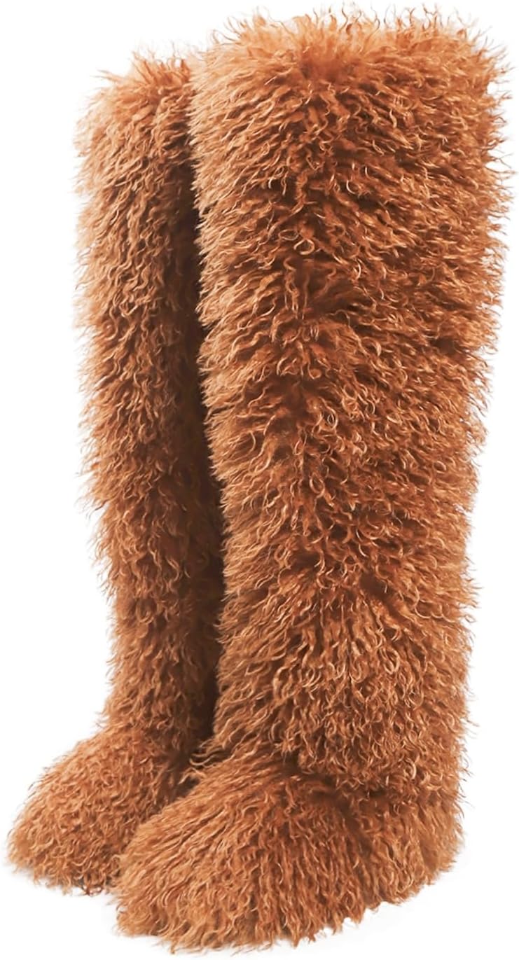 Black Thigh High Fur Boots for Women - Fluffy Over the Knee Style
