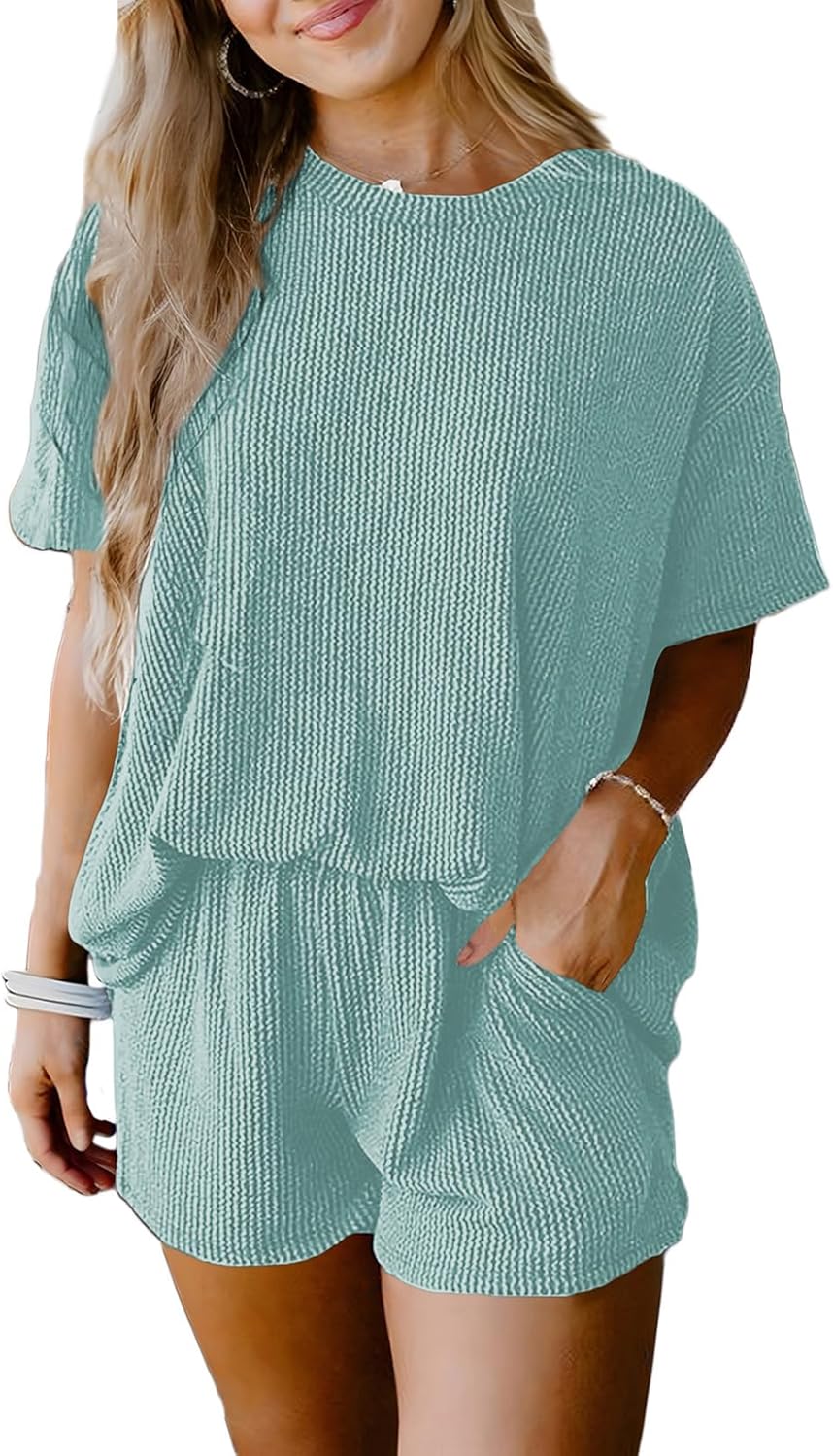 SHEWIN Two Piece Set for Women Short Sleeve Shirts and Shorts