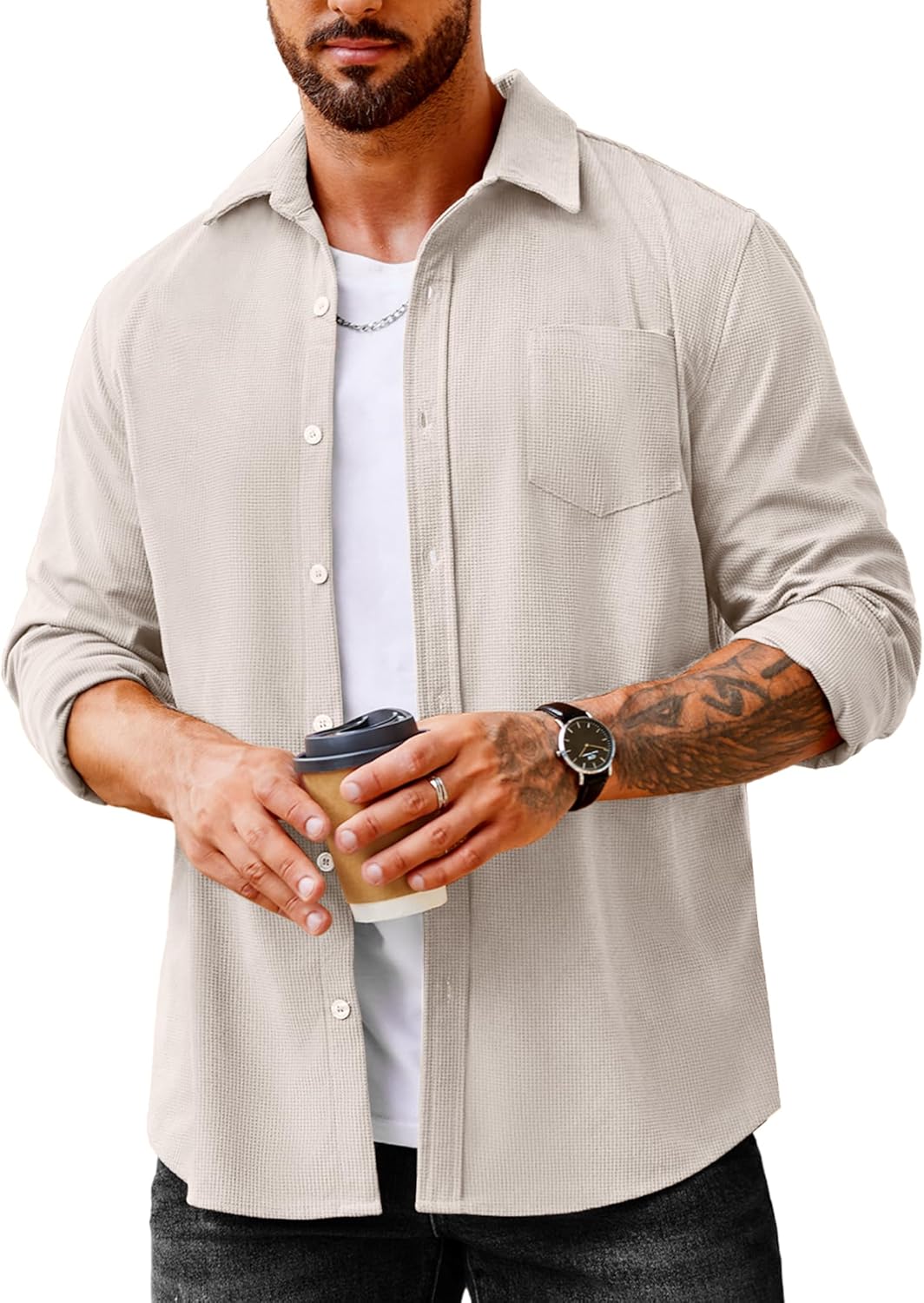 COOFANDY Men's Waffle Button Down Shirt for Casual Style