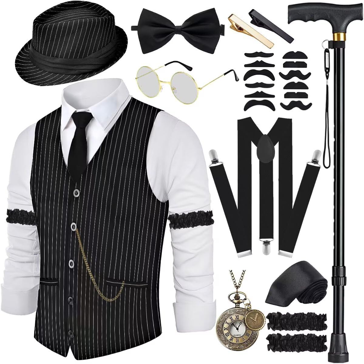 1920s Mens Costume Set with Vest, Suspenders, and Accessories