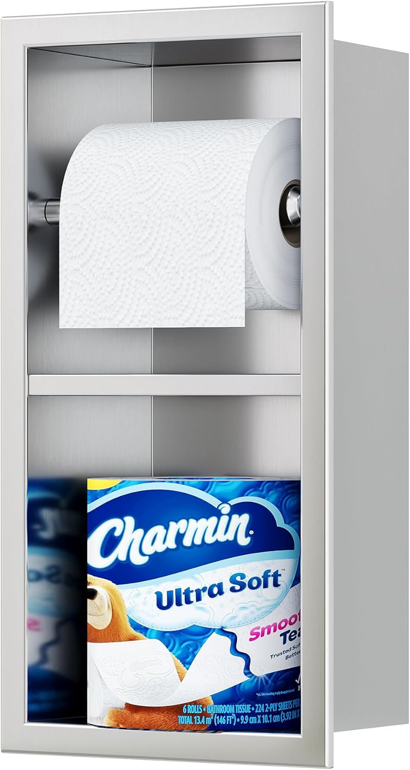 Recessed Toilet Paper Holder with Storage in Brushed Nickel Finish
