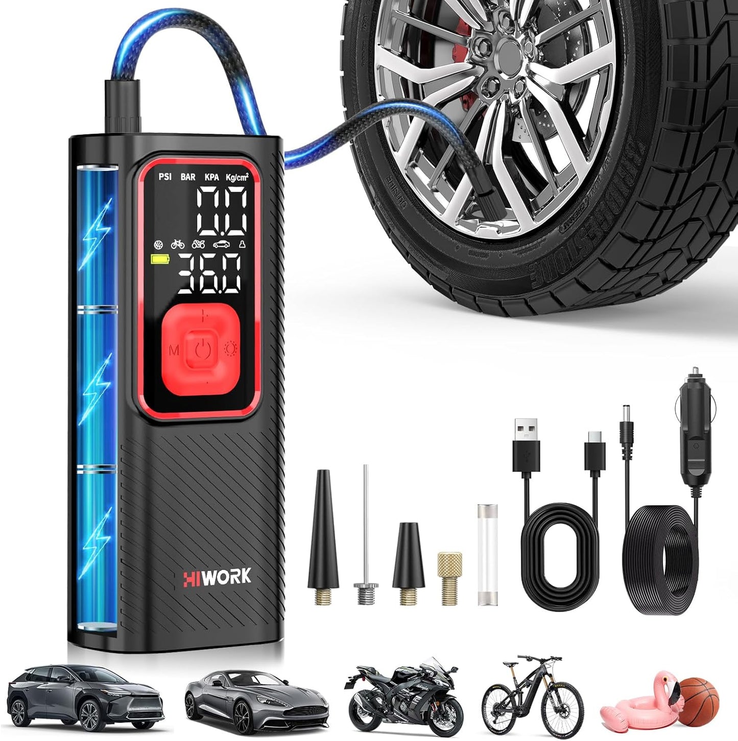 HIWORK Portable Tire Inflator - 150 PSI Power & SOS Light