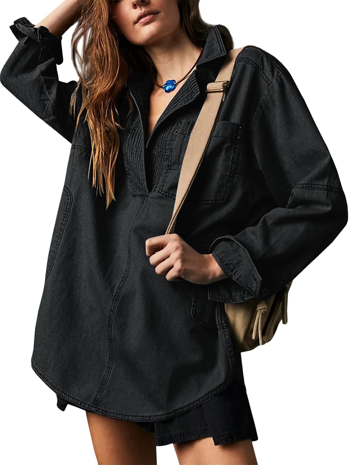 Fazortev Women's Denim Pullover Casual Button V Neck Blouse