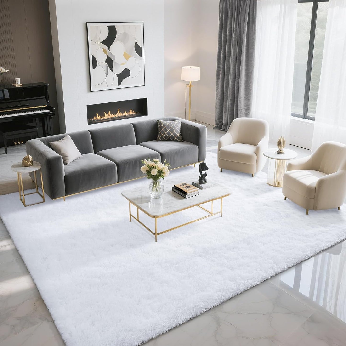 BENRON Fluffy Rugs for Living Room 5x8 White, Cozy Indoor Carpets