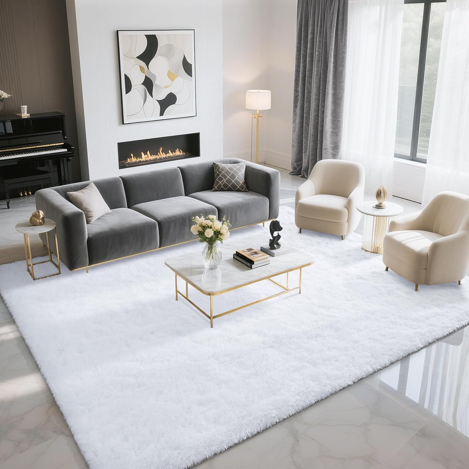 BENRON Fluffy Rugs for Living Room 5x8 White, Cozy Indoor Carpets