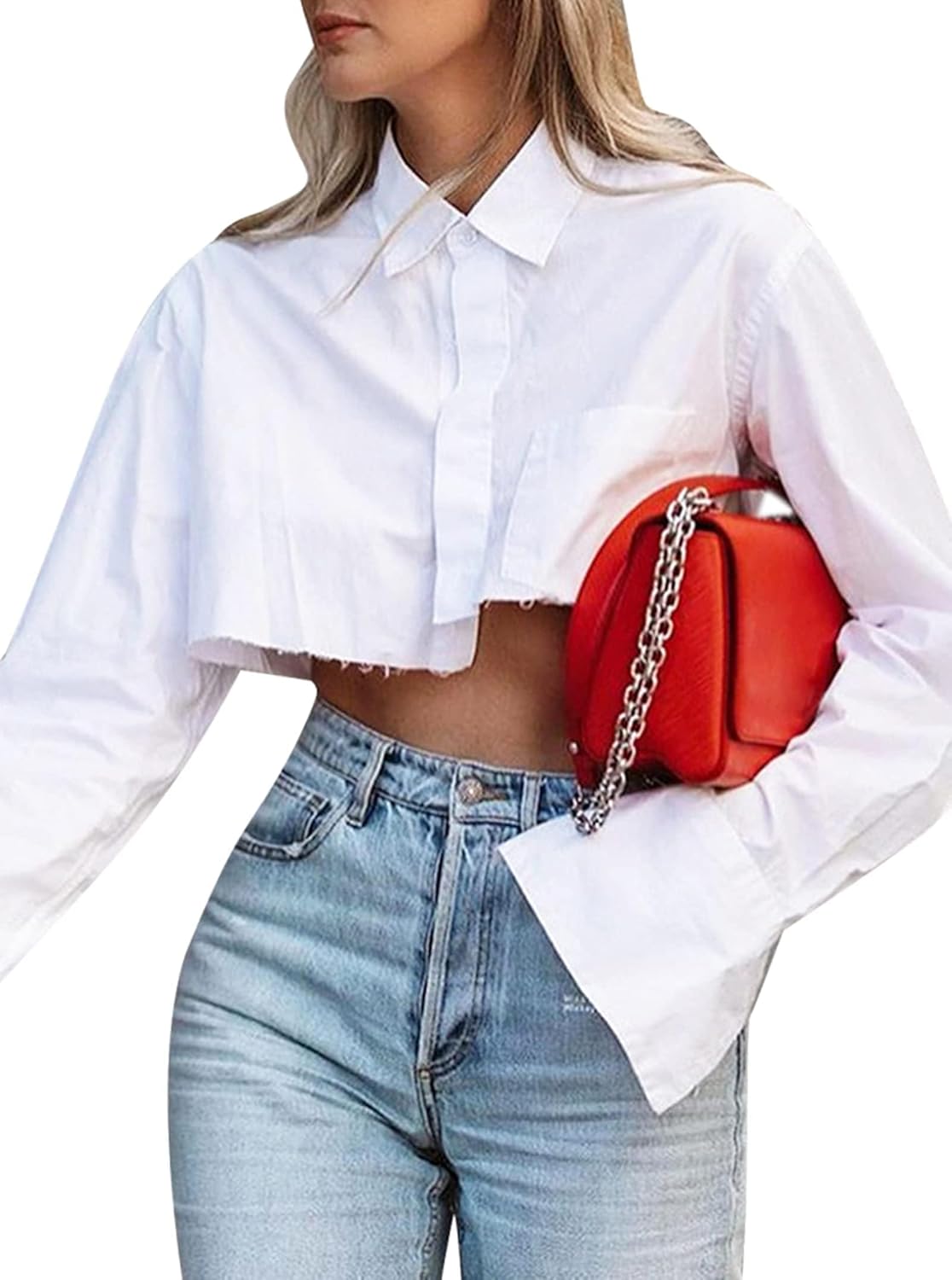 Remidoo Women's Asymmetrical Hem Long Sleeve Cropped Top
