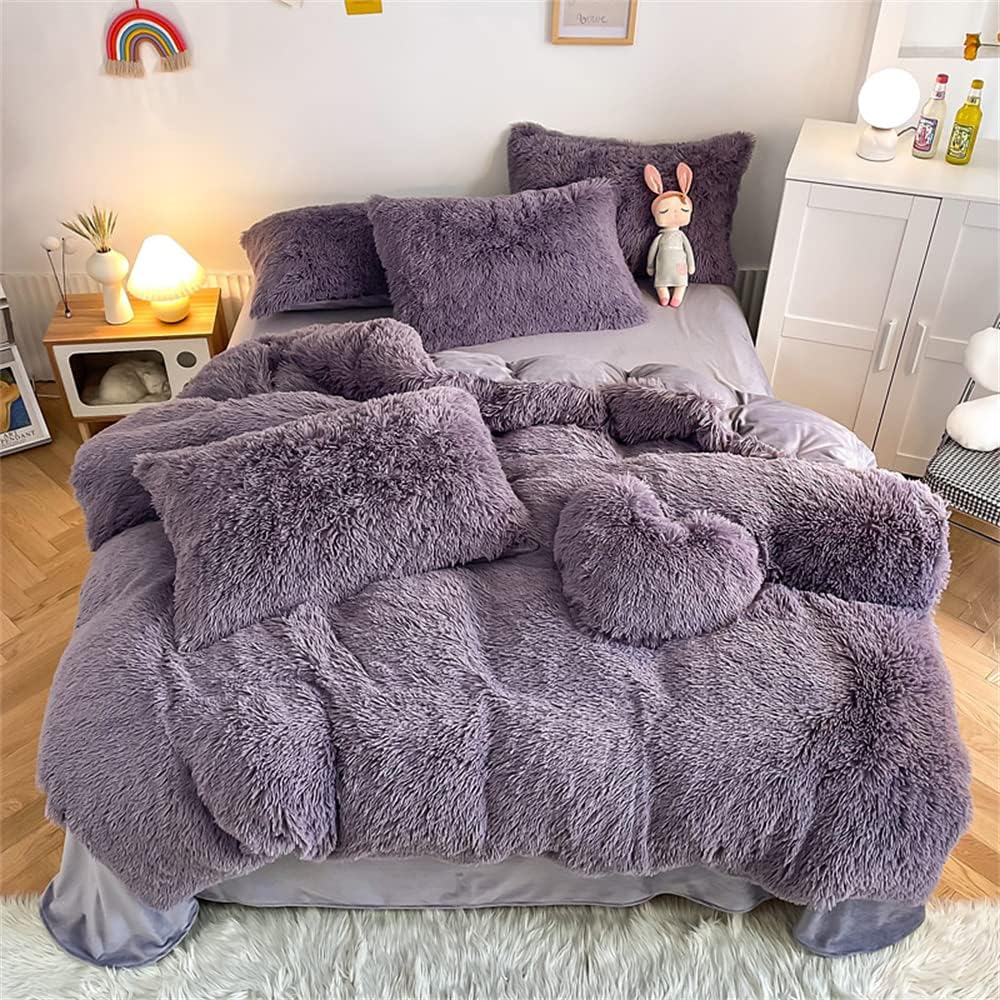 Chovy Faux Fur Plush Purple Comforter Set King - Ultra Soft Bedding