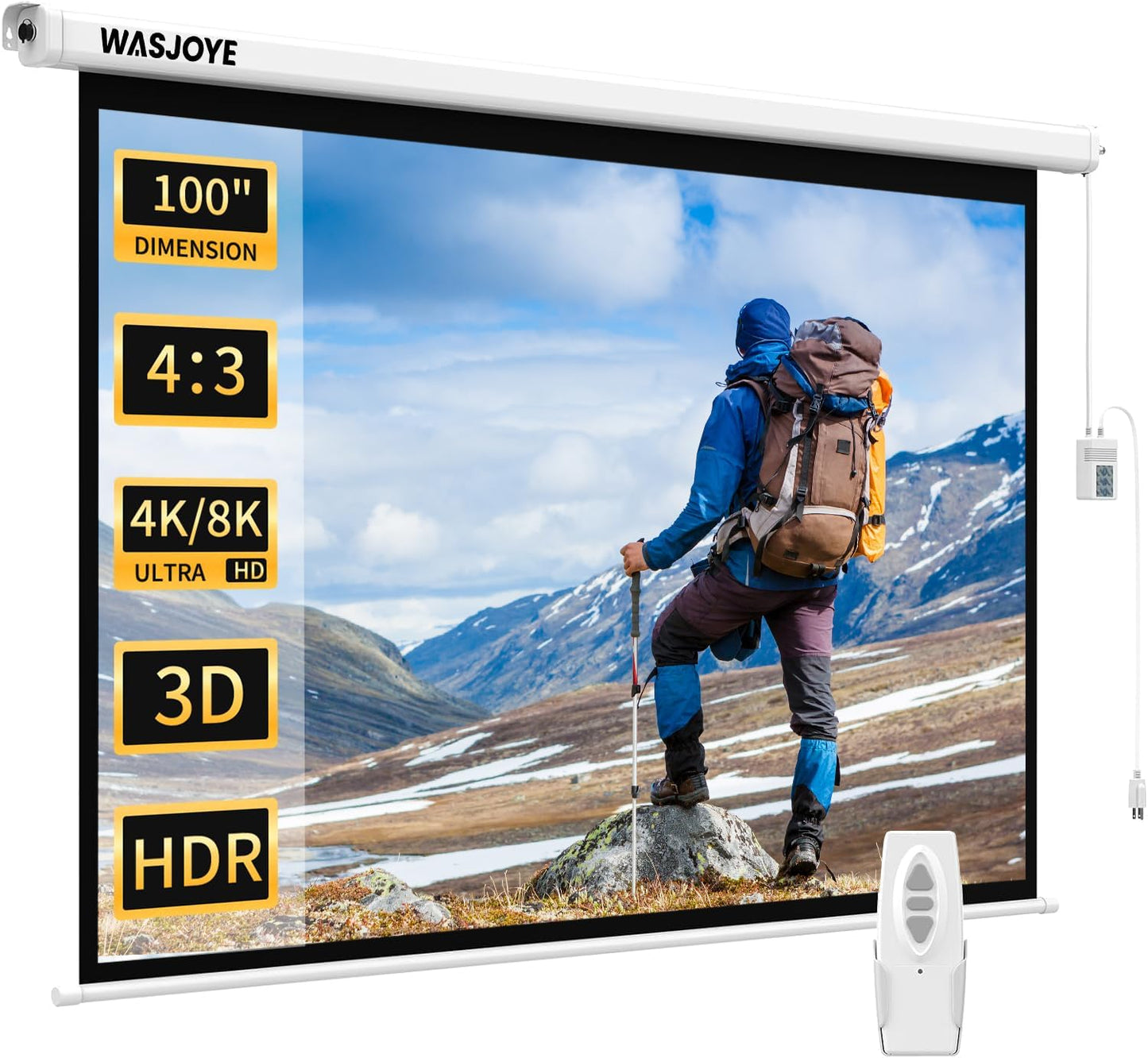 WASJOYE Motorised Projector Screen 100 inch for Home Theater