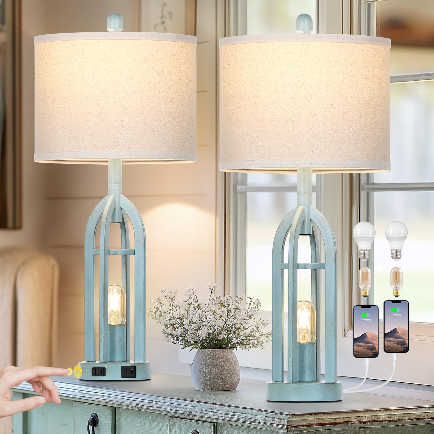 27 Farmhouse Table Lamps Set of 2 with USB Charging Ports