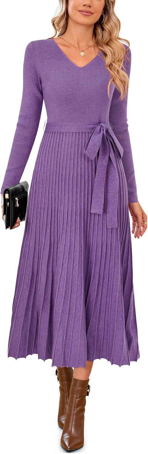 Arach&Cloz Women's Wool Blend Tie Waist Pleated Dress Review
