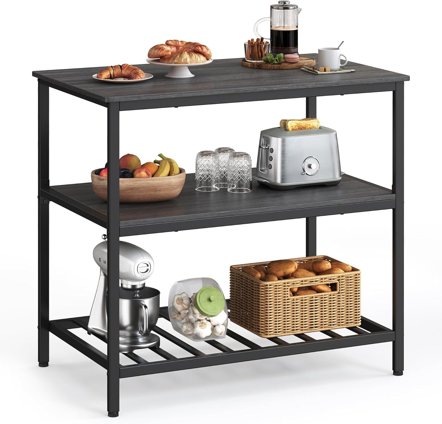 VASAGLE Kitchen Island with 3 Shelves and Large Worktop