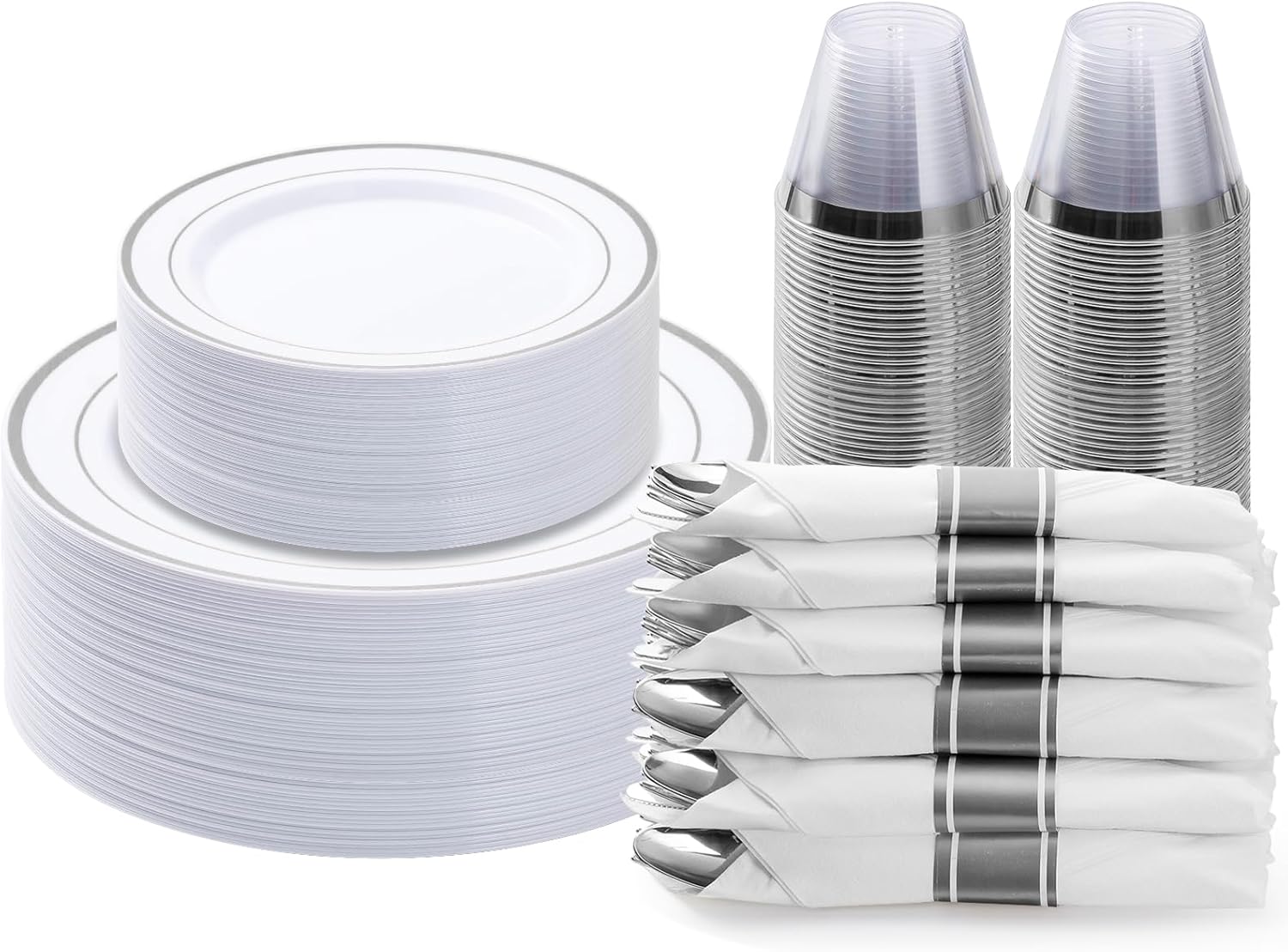 175PCS Silver Plastic Dinnerware Set for Elegant Parties