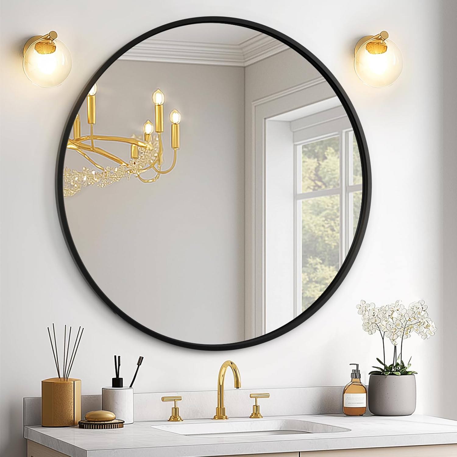 Black Round Mirror for Over Sink 24-inch - Modern Wall Decor