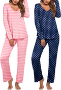 Ekouaer Womens 2 Pack Pajama Set V Neck Long Sleeve - Soft Sleepwear