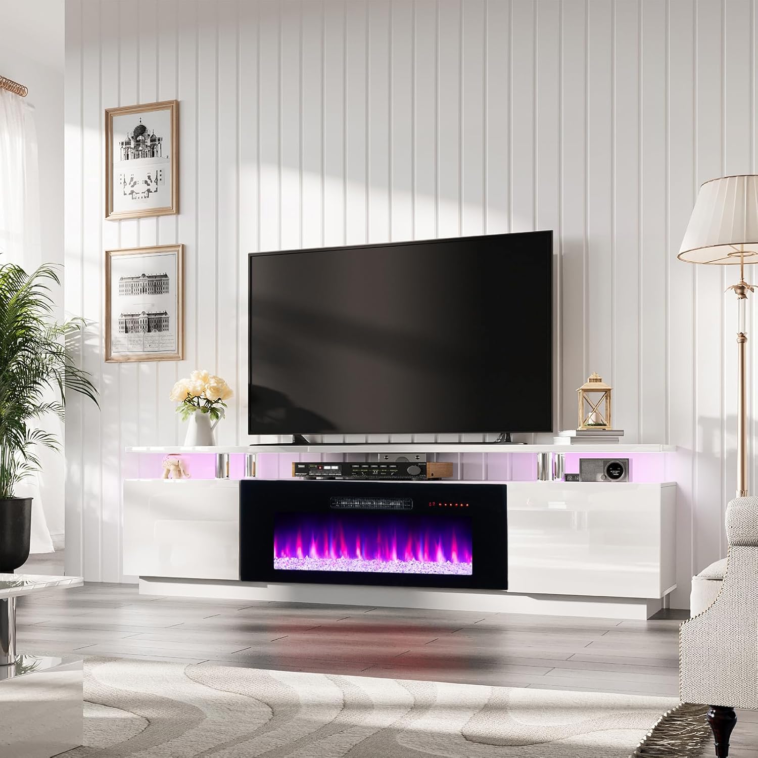 AMERLIFE 80 High Gloss Fireplace TV Stand, LED Lights, Ivory White