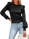 Ruffle Long Sleeve Ribbed Knit Sweater - Lightweight Fall Pullover are