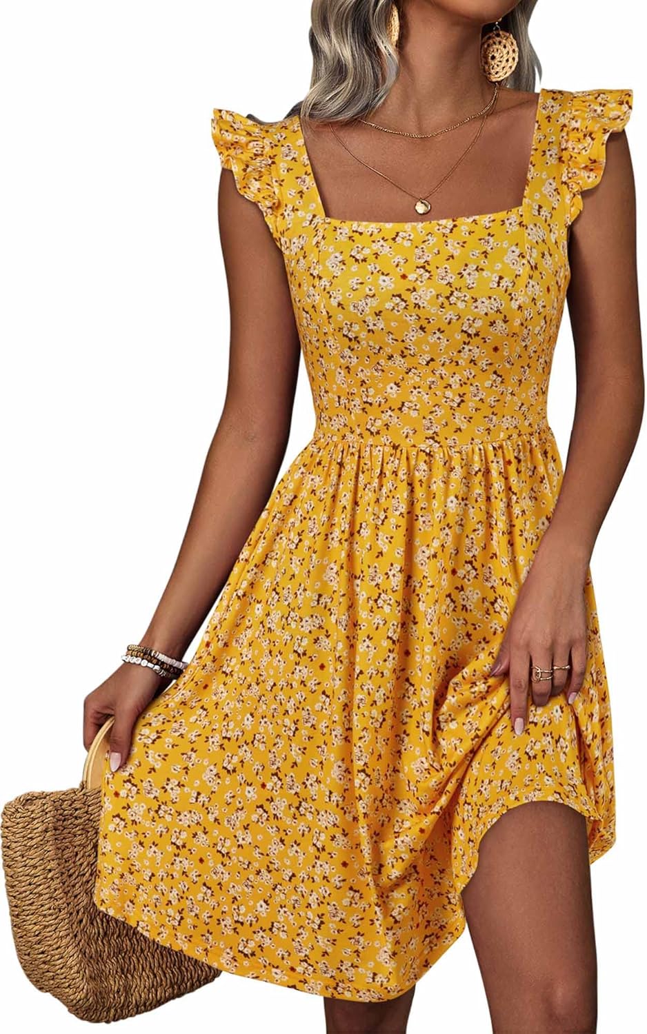 Loemes Summer Casual Cute Floral Flowy Sundress with Pocket