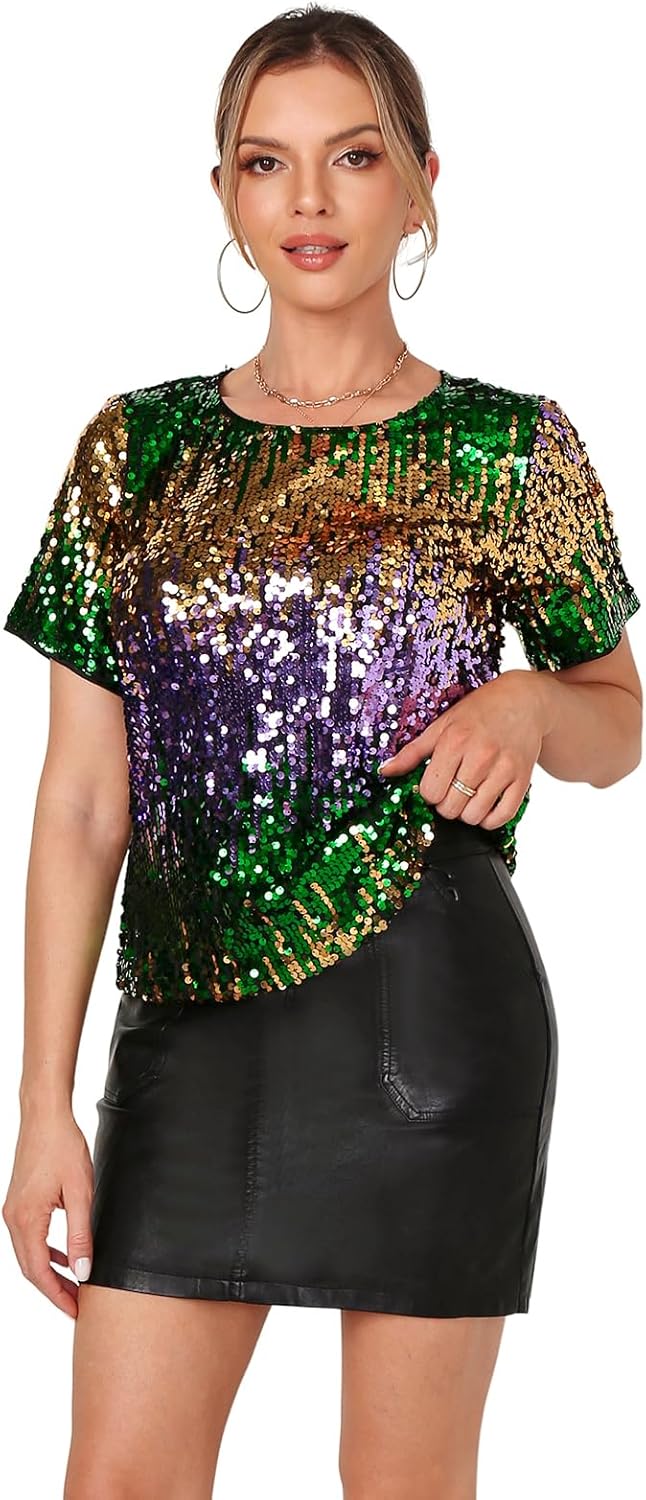 Womens Full Sequin Sparkle Tops for Disco Party and Nights Out