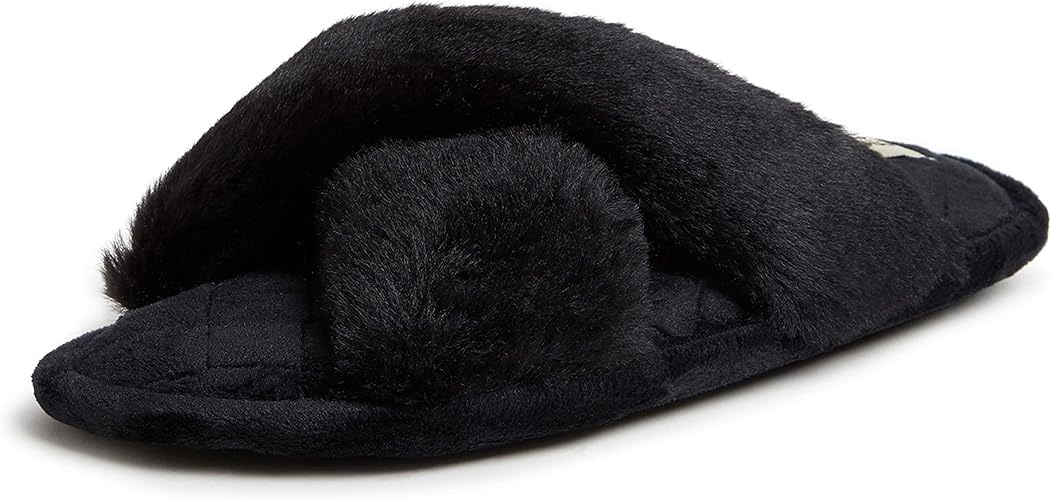 Dearfoams Women's Jessica Faux Fur Cross Band Slide Slipper Review