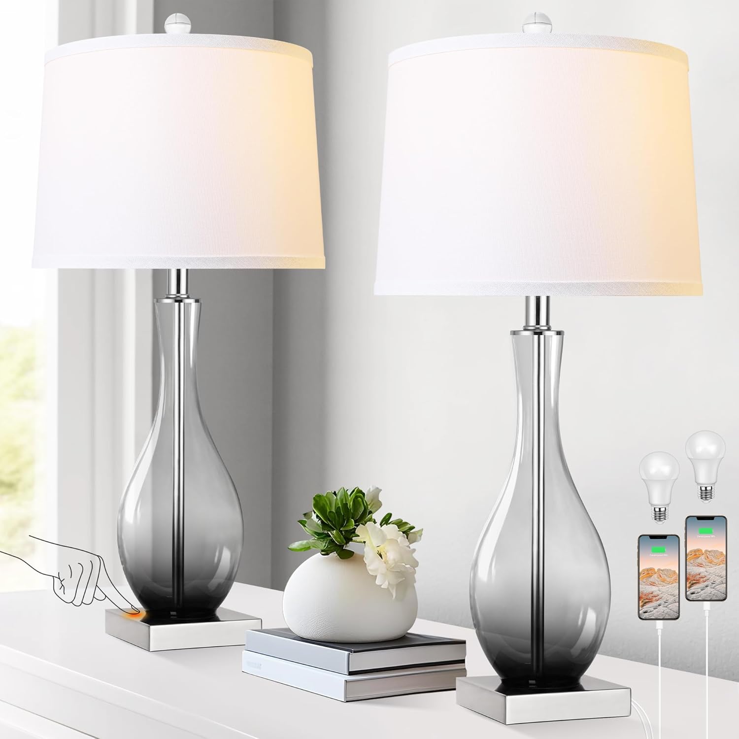 Touch Control Set of 2 Glass Lamps - 3-Way Dimmable, Charging Ports, LED Bulbs