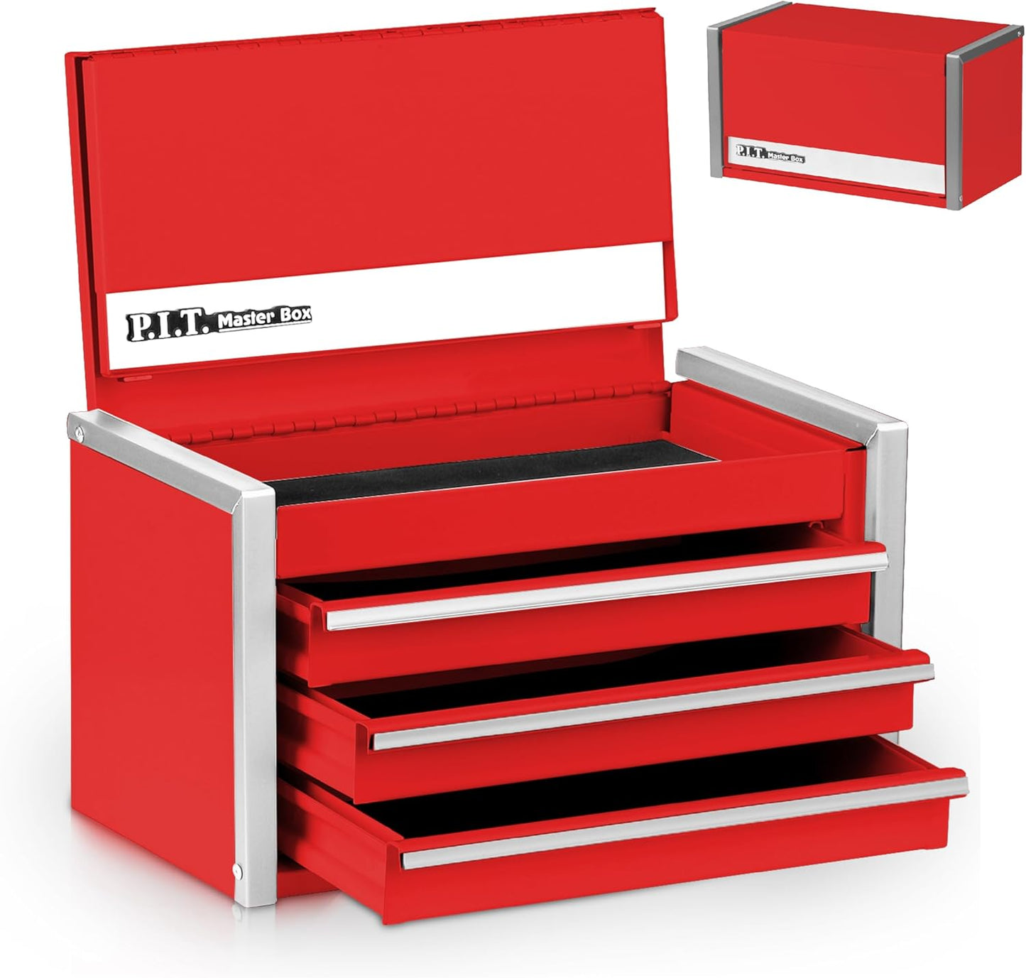 P.I.T. Mini Red Tool Box - Portable 3 Drawer Steel Organizer