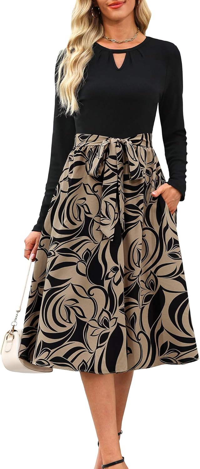 Kranda Women 2025 Fall Long Sleeve Midi Dress with Pockets