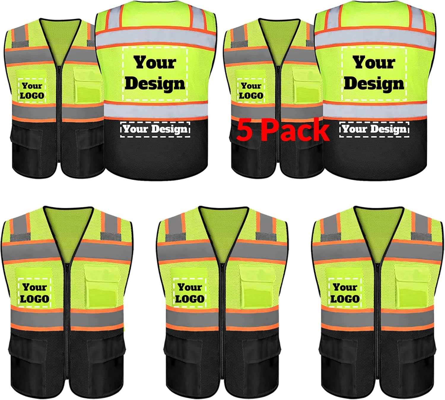 Custom Safety Vest with 5 Pockets & Zipper for High Visibility