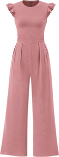 Rib Knit Jumpsuit for Women - Ruffle Cap Sleeve Crew Neck