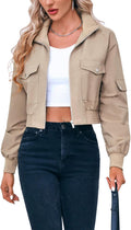 Cropped Bomber Jacket Lightweight Zip Up Stand Collar - Versatile Crop