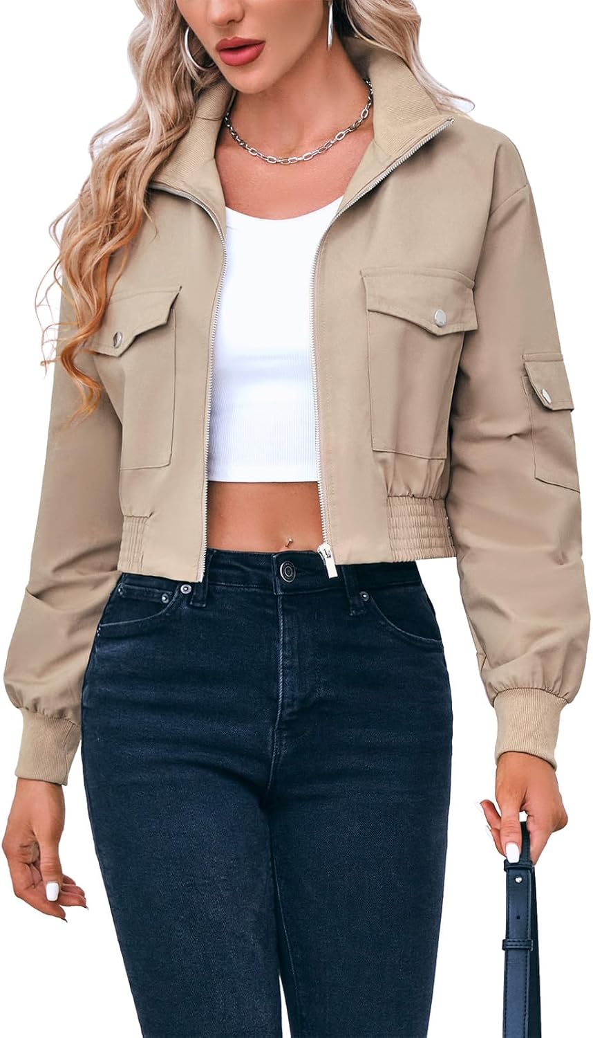 Fisoew Women's Cropped Bomber Jacket for Stylish Everyday Wear