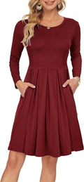 Women's Long Sleeve Pleated Knee Dress with Pockets - Cozy Fall Fit