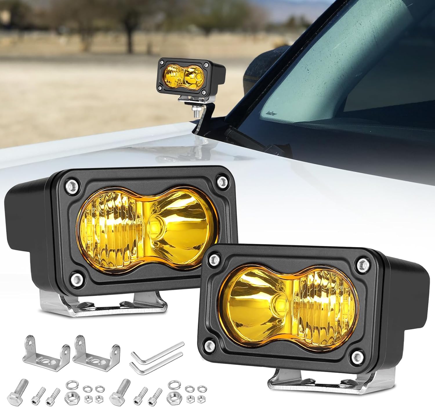 Yellow LED Pods Lights for Off Road Use - 3 Inch 40W Combo