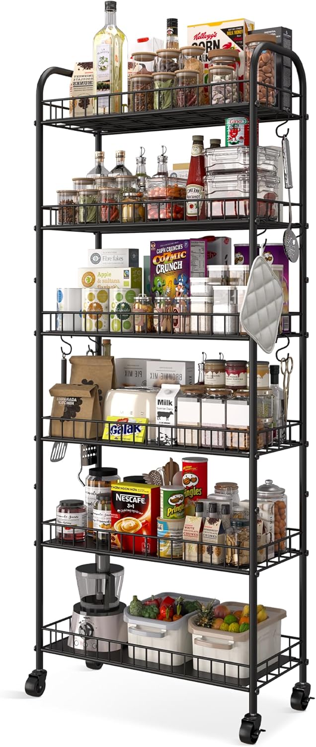 6 Tier Slim Storage Cart with Wheels for Narrow Spaces