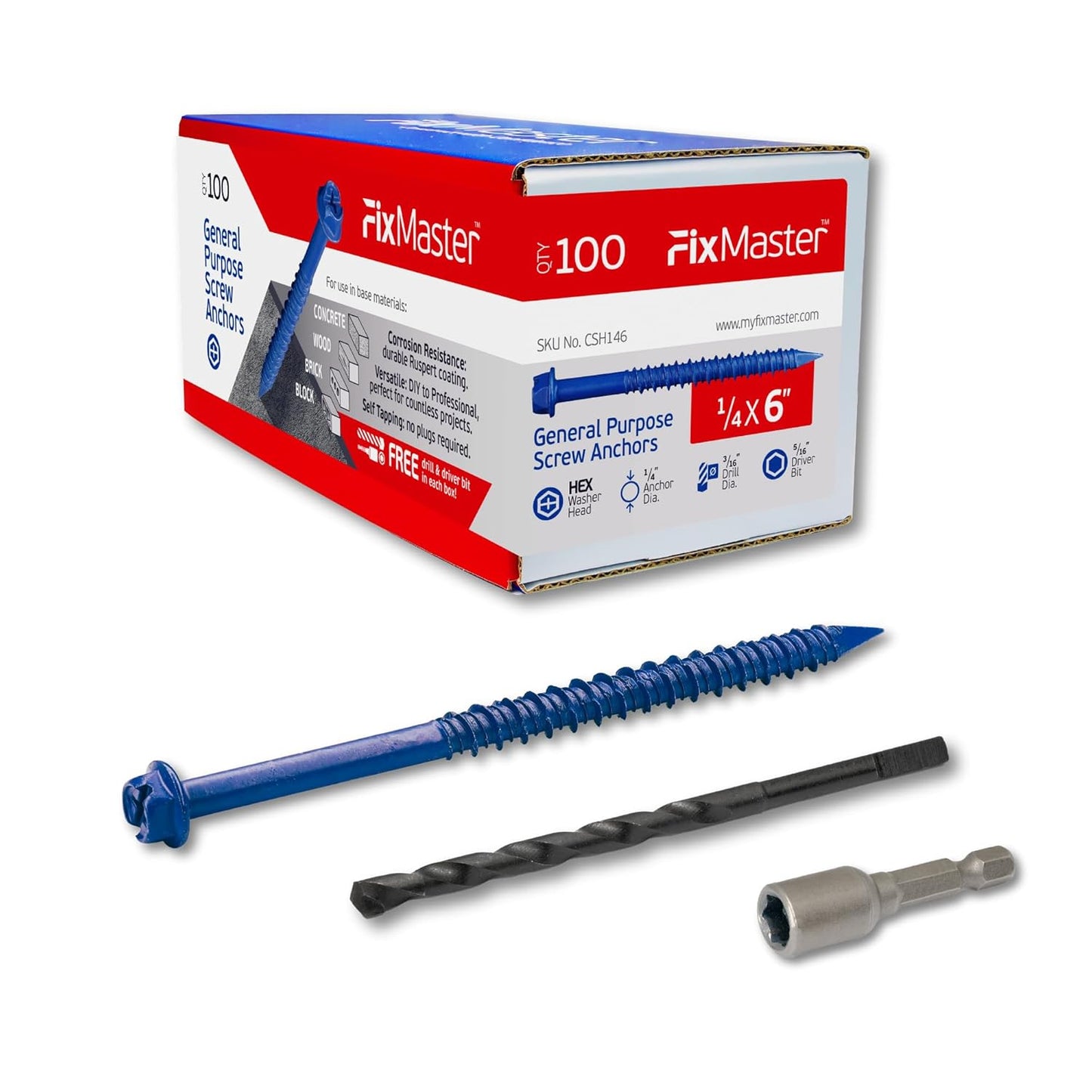 1/4 x 6 Hex Head Blue Concrete Screw Anchors for Fastening