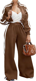 Women's Striped Tracksuit 2 Piece Set - Cropped Zipper Top & Wide Leg