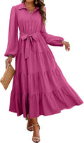 dowerme Women's Long Sleeve Button Down Belted A-Line Maxi Dress Chic