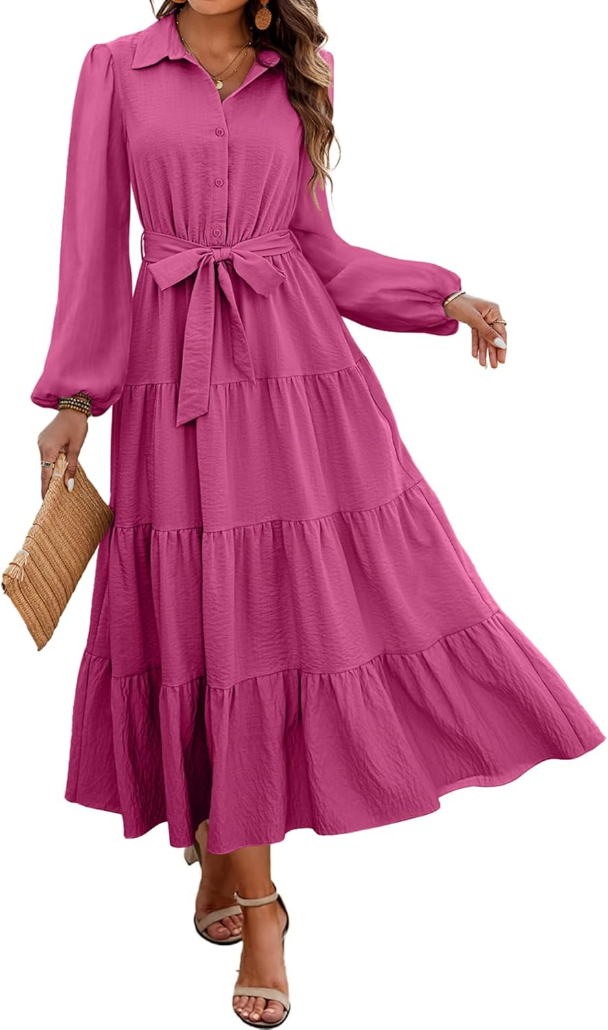 Dowerme Women's Long Sleeve Dress: Chic Button Down A-Line Style