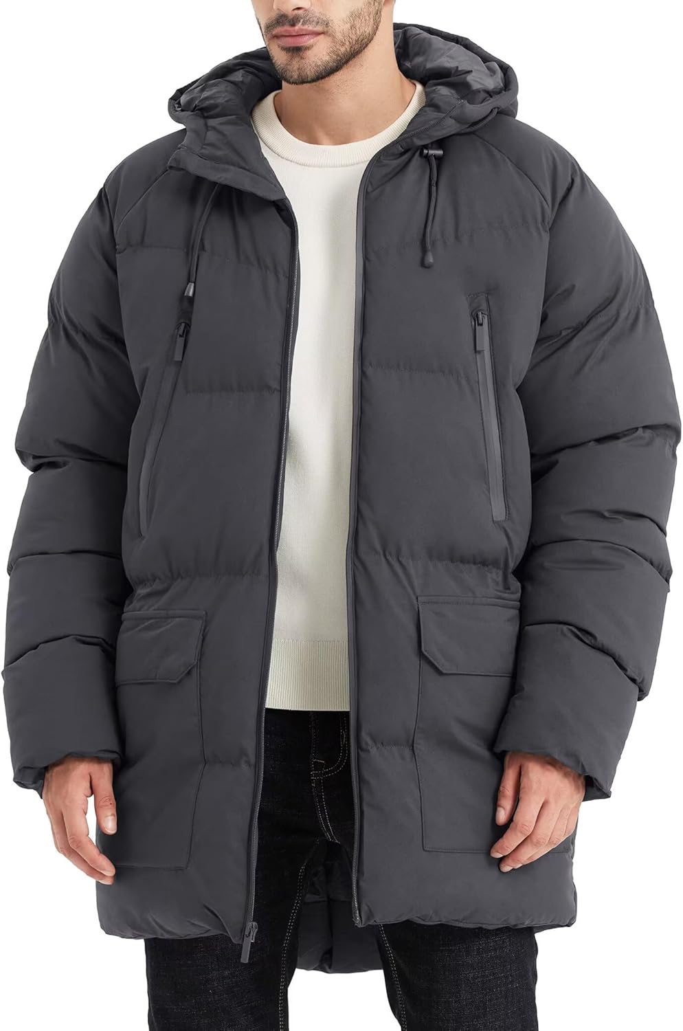 Men's Long Winter Coat Hooded Warm Quilted Jacket for Cold Weather