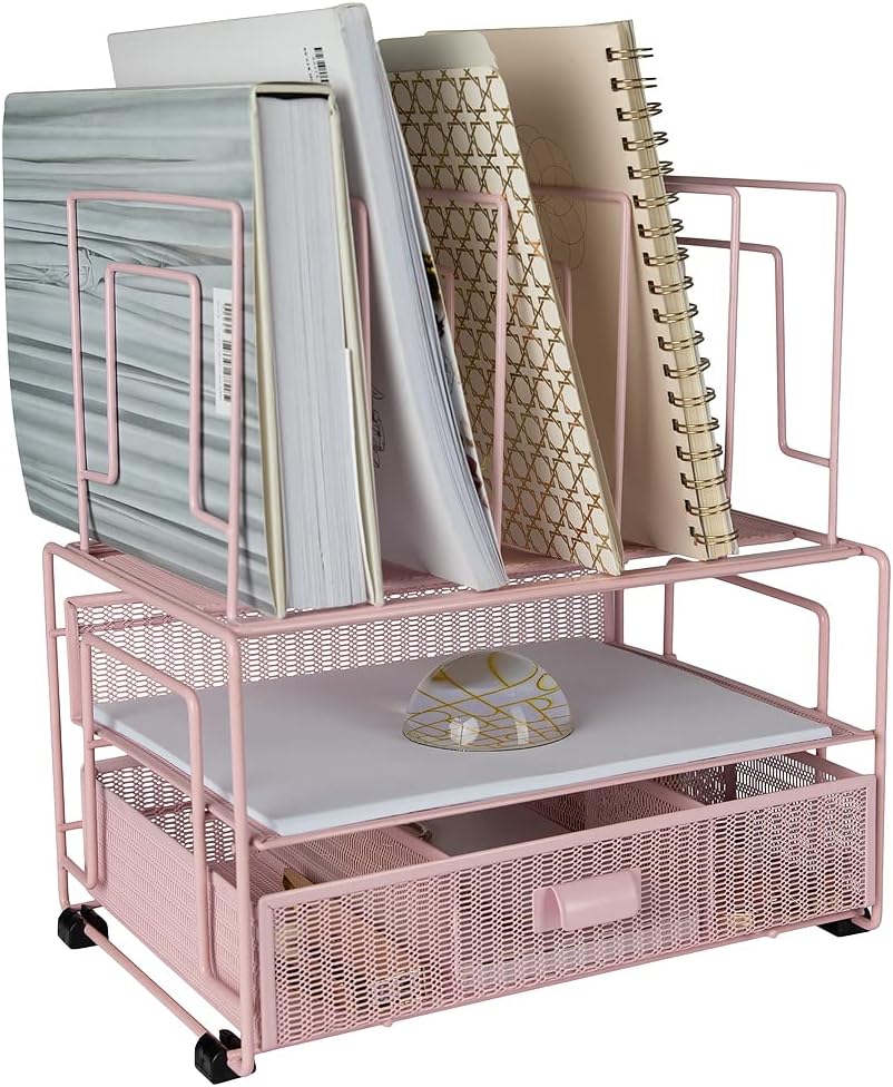Pink Desk Organizer with File Sorters & Drawer for Workspace