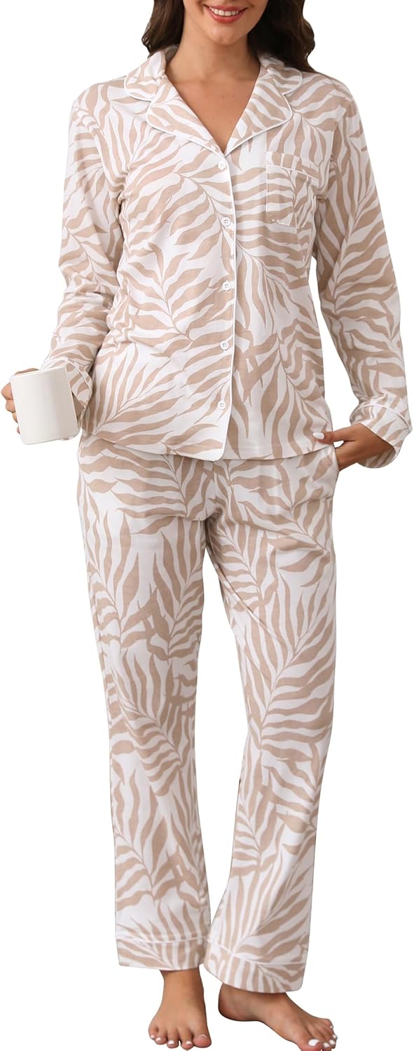 LUBOT 100% Cotton Pajamas for Women Soft Button-Down Set