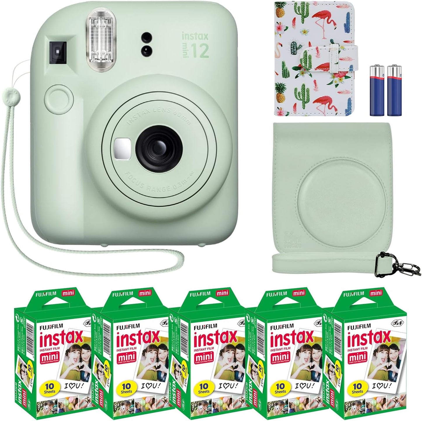 Fujifilm Instax Mini 12 Camera Bundle + Accessories & Film Pack - Flamingo Mint Green