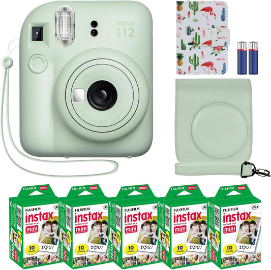 Fujifilm Instax Mini 12 Camera Bundle + Accessories & Film Pack - Flamingo Mint Green