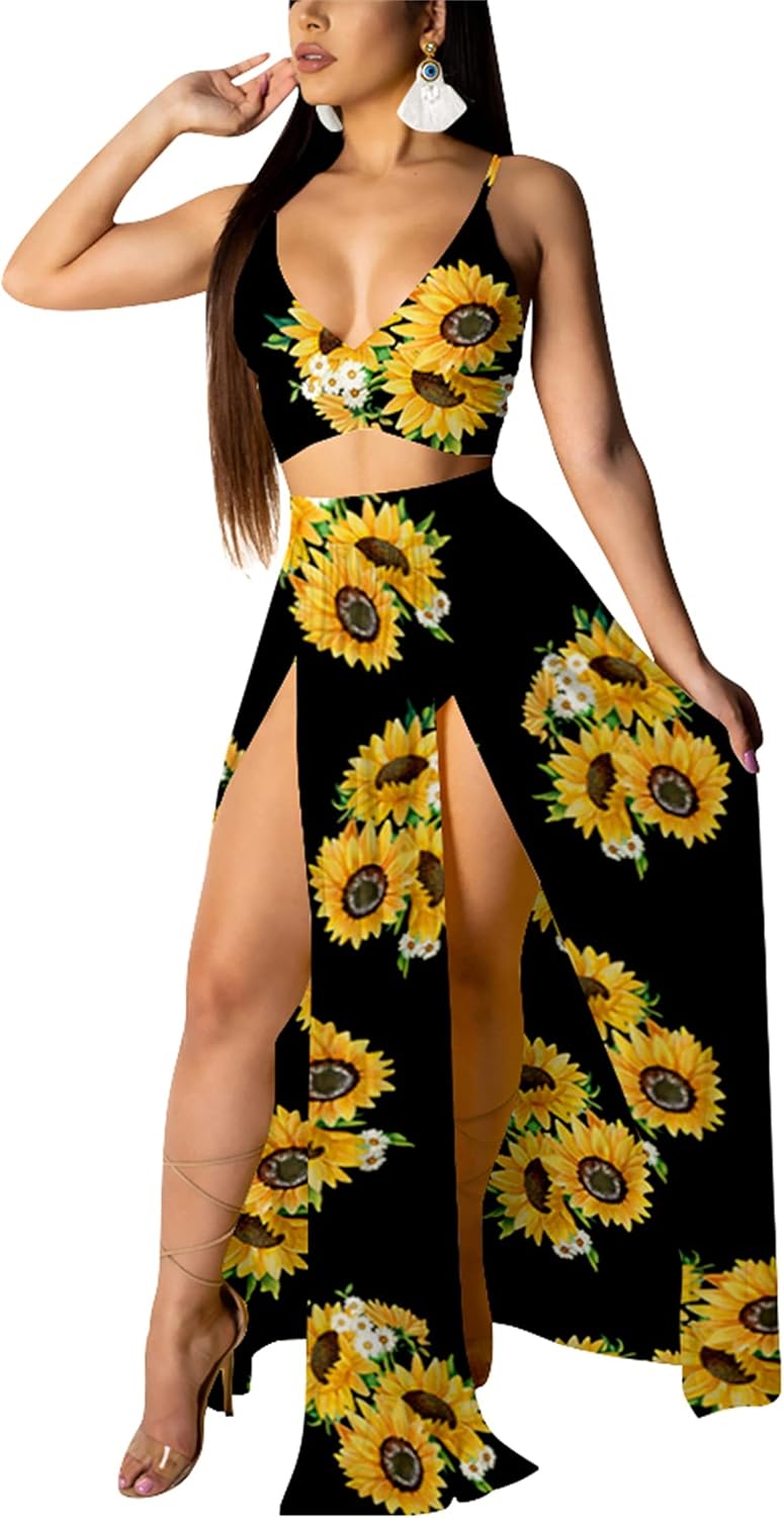 Women Sexy 2 Piece Outfits Dress Chiffon Deep V Neck Maxi Set