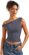 Women Off Shoulder Sleeveless Crop Tank Top - Soft Y2K Going Out
