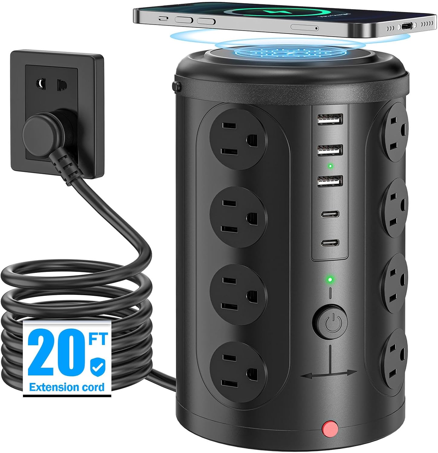 Tower Power Strip with Wireless Charger and 20FT Extension Cord