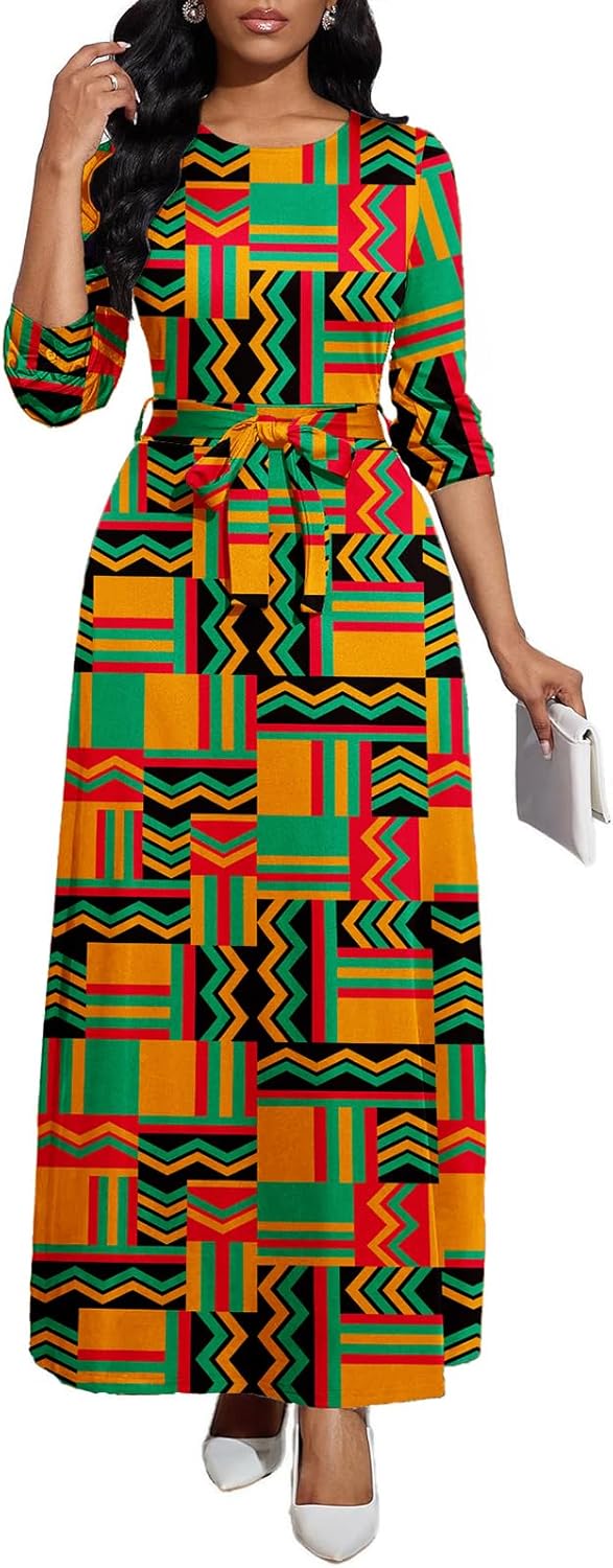 Long Dress for Women Casual Long Sleeve Maxi Dress with Belt